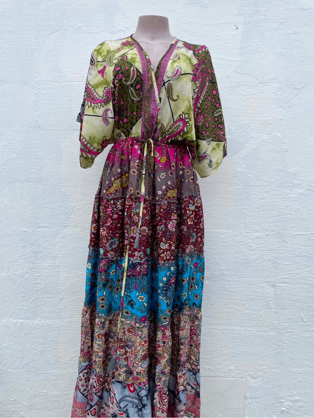 Multi-Color Boho Tiered Maxi Dress with Drawstring Waist